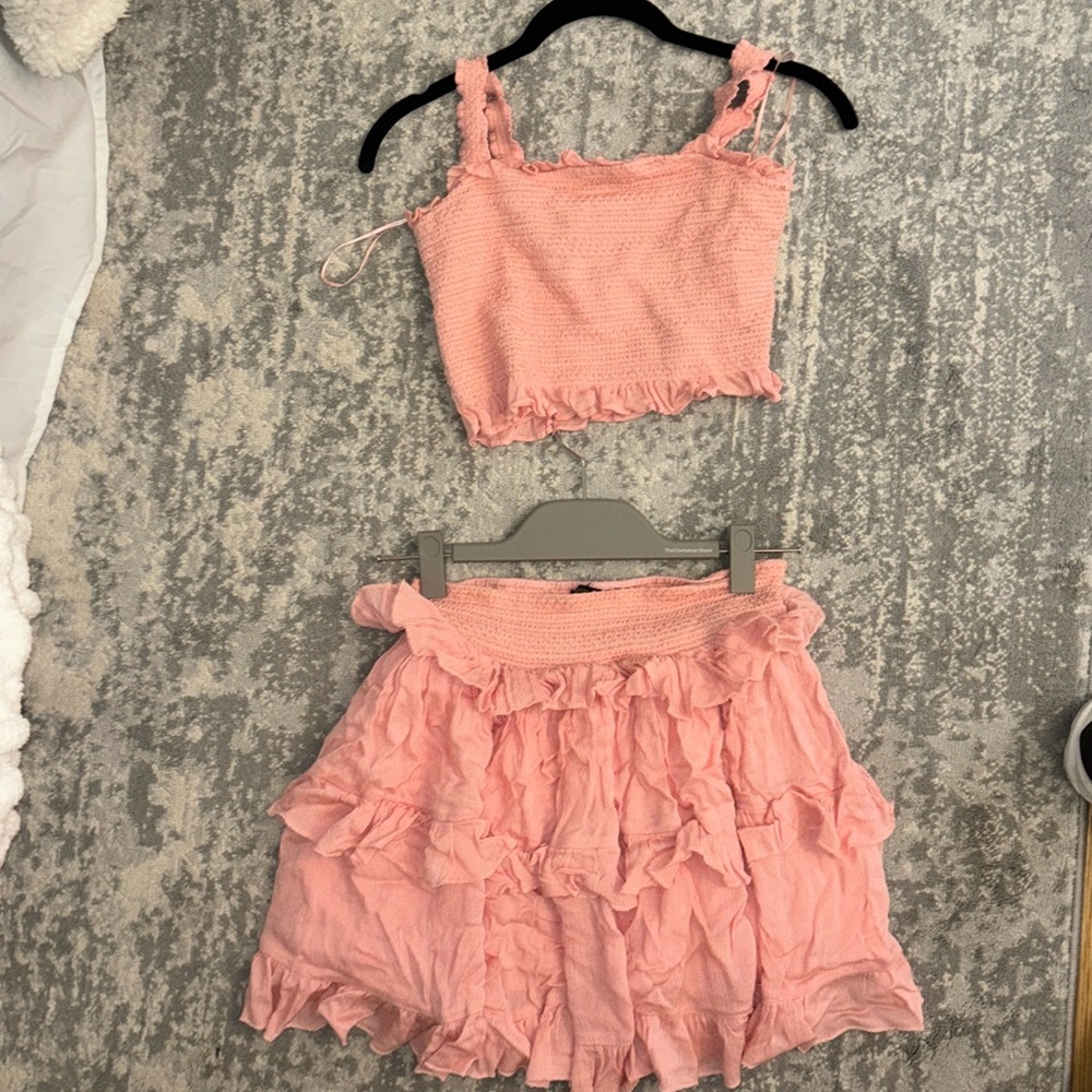Paper moon pink ruffle skirt and crop top matching set